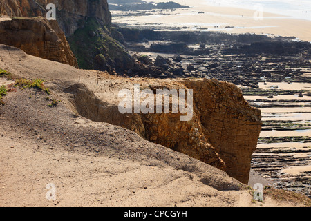 Karbon-Sandstein an der Steilküste entlang der kornischen Nordküste in Bude Cornwall England UK Großbritannien erodieren bröckelt Stockfoto