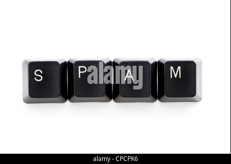 Computer-Tasten, die Schreibweise des Wortes Spam auf weißem Hintergrund Stockfoto
