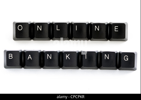 Computer-Tasten, die Rechtschreibung der Wörter online-Banking isoliert auf weißem Hintergrund Stockfoto