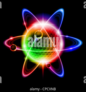 Grüne Atom Elektronen. Darstellung auf schwarzem Hintergrund Stockfoto
