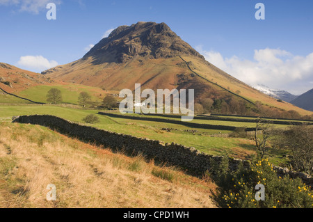 Ein Lakeland Bauernhof unter Yewbarrow 2058 ft, tiefste, Nationalpark Lake District, Cumbria, England, Vereinigtes Königreich, Europa Stockfoto