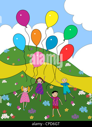 Kinder spielen mit Luftballons im Freien unter den Blumen Stockfoto