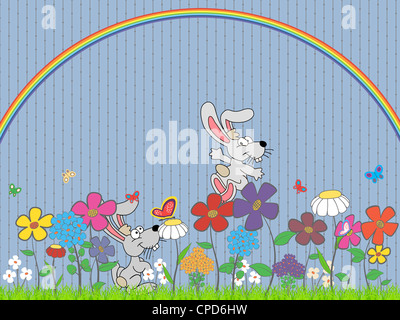 Rasen mit Kaninchen, Blumen und Schmetterlinge unter dem Regenbogen Stockfoto