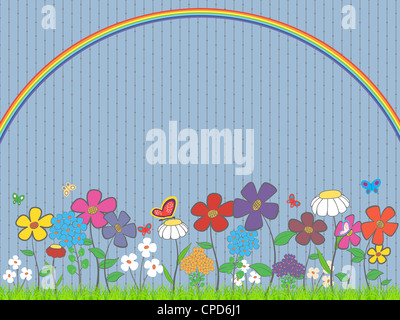 Illustration - Rasen mit Blumen und Schmetterlingen unter dem Regenbogen Stockfoto