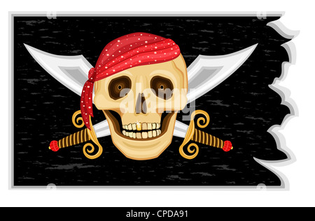 Der Jolly Roger - schwarze Piratenflagge mit menschlichen Schädel, goldene Zahn und gekreuzte Schwerter Stockfoto