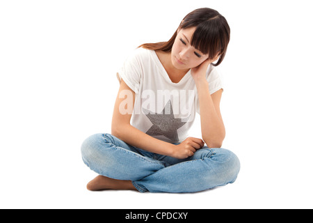 traurig und Depression junge Frau isoliert auf weiss Stockfoto