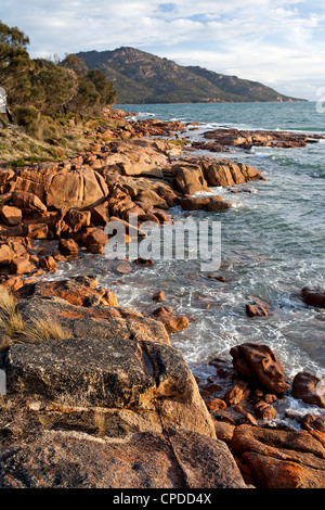 Blick entlang der Coles Bay Küste bis Mt Mayson, Teil des Sortiments auf Freycinet Halbinsel gefahren Stockfoto