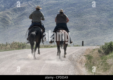 Cowboy und Cowgirl Reiten galoppierende Pferde in eine Nachstellung des Pony Express auf einer bergigen Strecke. Stockfoto