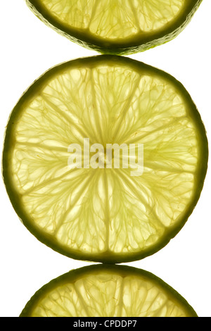 Makroaufnahme einer Scheibe Limette im Durchlicht Stockfoto