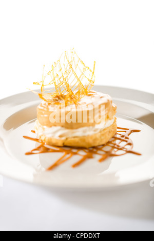 Leckere cremige Dessert mit Caramel-Topping auf isolierte Hintergrund Stockfoto