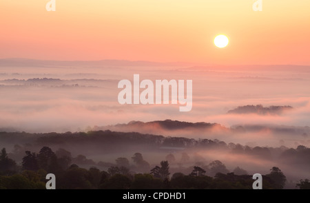 Eine Schicht von Nebel über der Landschaft von Sussex in der Nähe von Ditchling Beacon, South Downs National Park, East Sussex, England, UK Stockfoto