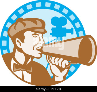 Illustration von Regisseur schreien mit Megaphon mit Vintage Film Video Kamera im inneren Kreis mit Filmrolle im retro-Stil gemacht. Stockfoto