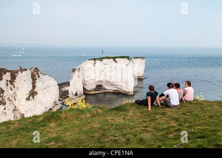Gruppe von Menschen sitzen in der Nähe von Old Harry Rocks Studland Swanage Dorset Stockfoto
