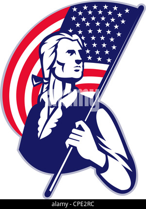 Abbildung eines Patriot Minuteman revolutionären Soldaten halten eine amerikanische stars und Stripes Flagge auf isoliert Hintergrund. Stockfoto