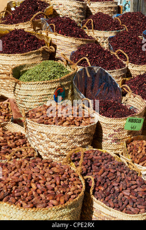 Gewürze und Termine für den Verkauf auf dem Markt oder Souk von Assuan, Ägypten, Nordafrika, Afrika Stockfoto