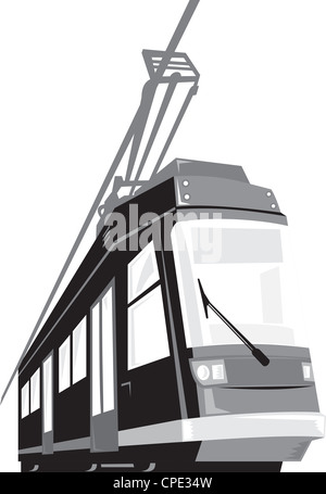 Beispiel für eine moderne Straßenbahn trainieren Straßenbahn aus einem flachen Winkel auf isolierten weißen Hintergrund getan im retro-Stil betrachtet. Stockfoto