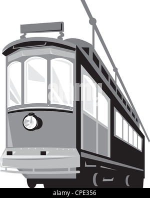 Illustration einer Oldtimer-Straßenbahn trainieren Straßenbahn aus einem flachen Winkel auf isolierten weißen Hintergrund getan im retro-Stil betrachtet. Stockfoto