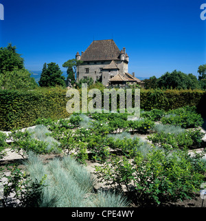 Schloss und Jardin des Cinq Sens (Garten der fünf Sinne), Yvoire, Genfer See (Lac Léman), Rhone-Alpes, Frankreich, Europa Stockfoto