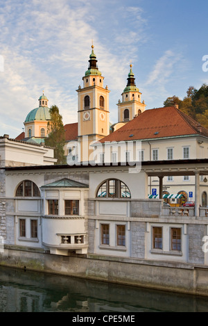 Riverside Markthallen und die Kathedrale St. Nikolaus auf dem Fluss Ljubljanica, Ljubljana, Slowenien, Europa Stockfoto