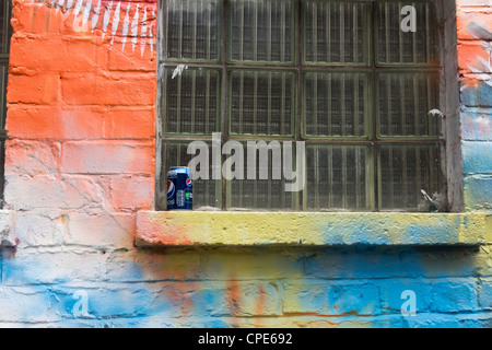 Eine leere Pepsi Cola-Getränk kann mit dem "Verwandeln Ihr Patch" Förderung-Logo links auf eine Straße Kunst dekoriert, Fensterbank. Stockfoto