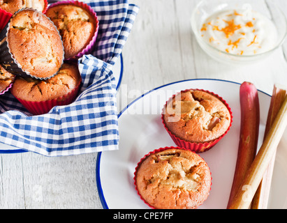 Tauchen Sie essen Stilleben Rhabarber Muffins mit orange Joghurt oder syllabub Stockfoto