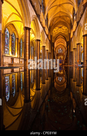 Blick über die Schriftart der Kathedrale von Salisbury, Wiltshire, England, Vereinigtes Königreich, Europa Stockfoto