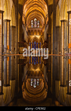 Auf der Suche über die Schrift und unten dem Hauptschiff der Kathedrale von Salisbury, Wiltshire, England, Vereinigtes Königreich, Europa Stockfoto