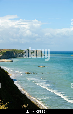 Gold Beach, alliierte Landung in Normandie, D-Day, Maulbeere-Häfen, Häfen, Häuser, Villen, Stadt, Arromanches-Les-Bains, Normandie, Frankreich Stockfoto