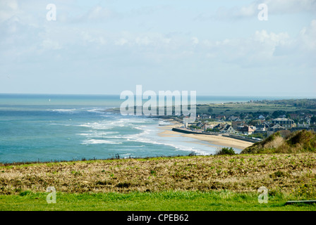 Gold Beach, alliierte Landung in Normandie, D-Day, Maulbeere-Häfen, Häfen, Häuser, Villen, Stadt, Arromanches-Les-Bains, Normandie, Frankreich Stockfoto