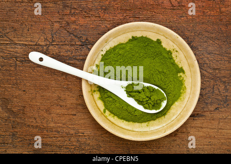 Gefriergetrocknete Bio Weizengras Pulver auf eine kleine Keramikschale mit einem Teelöffel gegen Grunge Holztisch Stockfoto