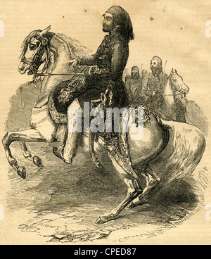 1854-Gravur, Equestrian Porträt von Omar Pasha, Oberbefehlshaber der türkischen Streitkräfte. Stockfoto