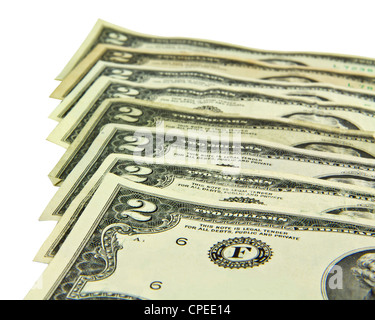 Linie zwei Dollarscheine auf weiß Stockfoto