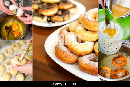 Donuts machen Collage. Sechs Fotos. Stockfoto