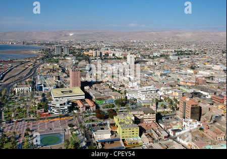 Vogelperspektive Panorama des Stadtzentrums Arica Chile Stockfoto