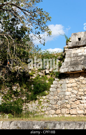 Nahaufnahme einer bröckelnden Maya Wand inmitten der Ruinen von Chichen Itza, Yucatan, Mexiko. Stockfoto