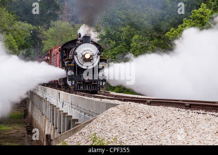 Blowdowns von 1917 Baldwin 'Pershing' 2-8-0 Konsolidierung Dampflokomotive 300, über die Neches River Bridge, in der Nähe von Rusk, Texas. Stockfoto