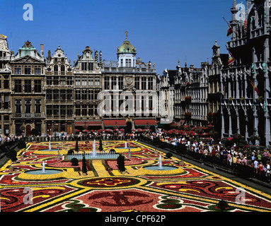 Blume-Display mit Massen von Menschen in quadratische Place/Grote Markt. Brüssel. Belgien. Stockfoto