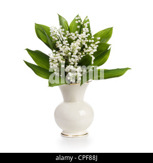 Porzellanvase mit Lilly des Tales auf weißem Hintergrund Stockfoto