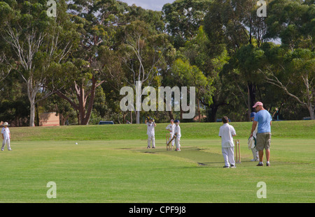 Jungen im Alter von 8 bis 10 in Melbourne in Australien Victoria Cricket spielen Stockfoto