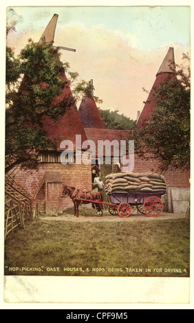 Edwardianische Postkarte, die Arbeiter zeigt, die Hopfen zum Trocknen in die Milchhäuser nehmen, posted in 28 August 1906, Rochester, Burham, Kent, England, U.K. Stockfoto