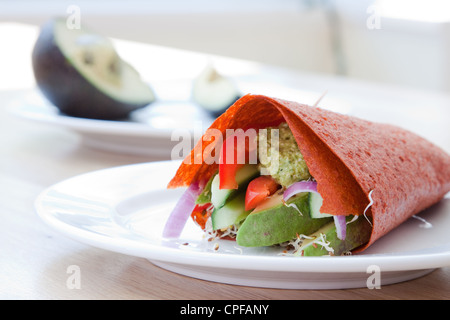 Gesunde vegane Wrap gefüllt mit Guacamole, Avocados, Zwiebeln, Tomaten und Sprossen. Stockfoto