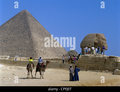 Ägypten. Kairo. Gizeh. Touristen und Kamele. Pyramide und Sphinx. Stockfoto