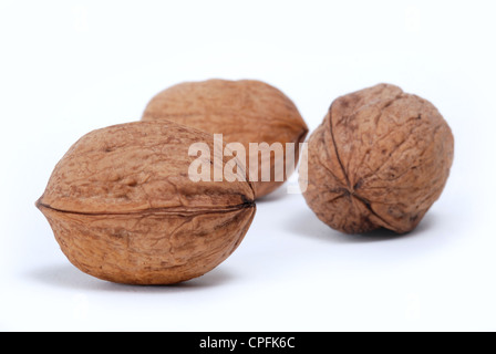 Nahaufnahme von drei Walnüsse, ganze. Isoliert auf weiss. Stockfoto