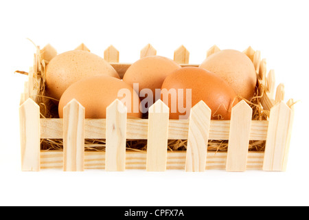 Schachtel mit Eiern auf Stroh in einer Holzkiste auf weiß Stockfoto