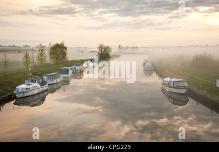 Die Norfolk Broads, am frühen Morgen mit Urlaub boats.UK mit Nebel Stockfoto