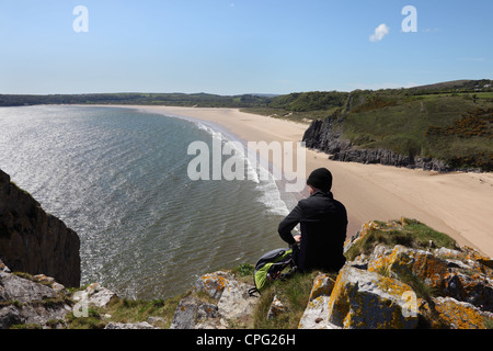 Genießen den Blick über den goldenen Stränden der Oxwich Bucht von großen Torr Penmaen Walker Burrows Gower Wales UK Stockfoto