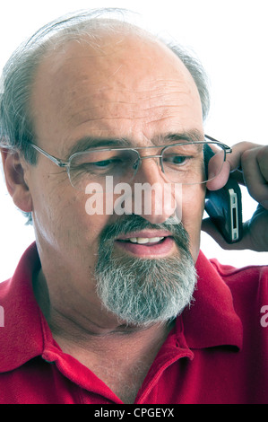 Männchen mit einem modernen Handy. isoliert auf weißem Hintergrund. Stockfoto