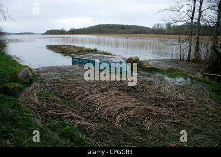 Kleine blaue flach-Boden Aluminium Boot kopfüber liegend Stockfoto