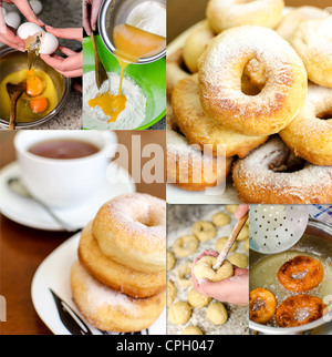 Donuts machen Collage. Sechs Fotos. Stockfoto