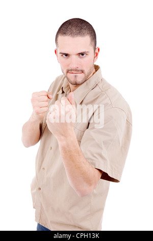 junge legerer Mann zeigt seine Faust, isoliert Stockfoto